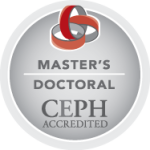 The logo for the Council on Education for Public Health (CEPH) is a circle with the words Master's/Doctoral CEPH Accredited and an image of three red and gray interlocking circles.