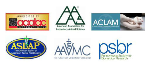The laboratory animal medicine programs at Penn State College of Medicine are accredited through a number of major organizations, including AAALAC International, AALAS, ACLAM, ASLAP, AAVMC and PSBR. The logos for these six organizations are seen in two horizontal rows of three.