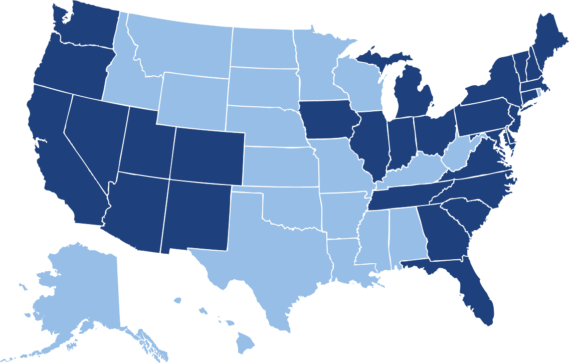 A map of the United States colored to indicate students' home state or territory. The following states are colored: AZ, CA, CO, CT, FL, DE, GA, IA, IL, IN, MA, MD, ME, MI, NC, NH, NJ, NM, NV, NY, OH, OR, PA, SC, TN, UT, VA, VT, WA.
