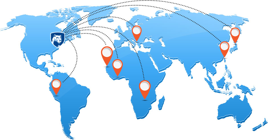 A stylized world map with a Penn State lion crest in the general vicinity of Pennsylvania, with dotted lines reaching out to standard GPS location icons near Peru, Taiwan, Senegal, Ghana and Zambia.