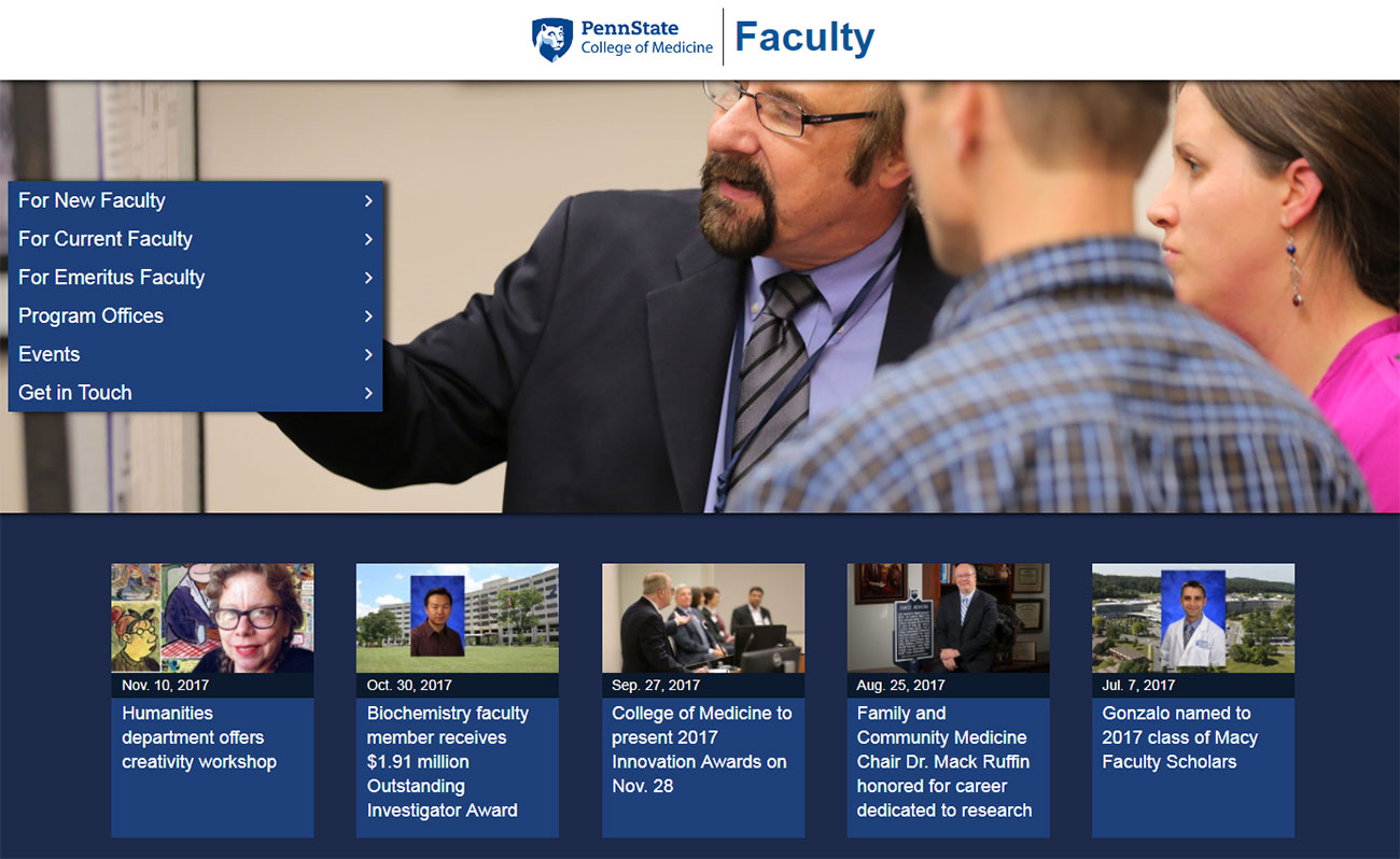 A screenshot of Penn State College of Medicine's Faculty website, faculty.med.psu.edu, is seen. The website features a large photo with a menu superimposed at left, and a set of news headlines visible beneath it.