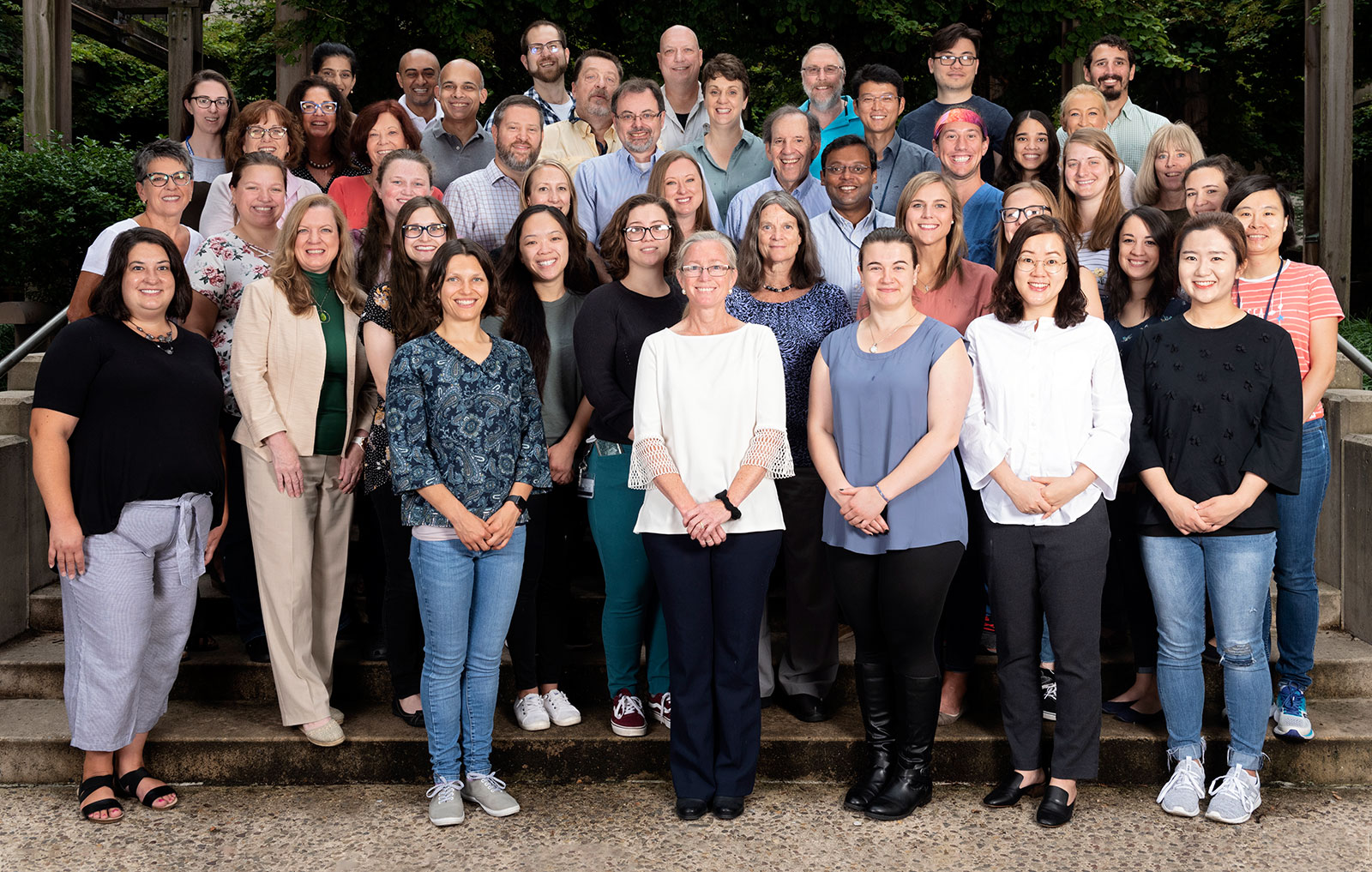 Faculty, staff and students in the Department of Neural and Behavioral Sciences at Penn State College of Medicine are pictured standing in a large group outdoors in 2019.