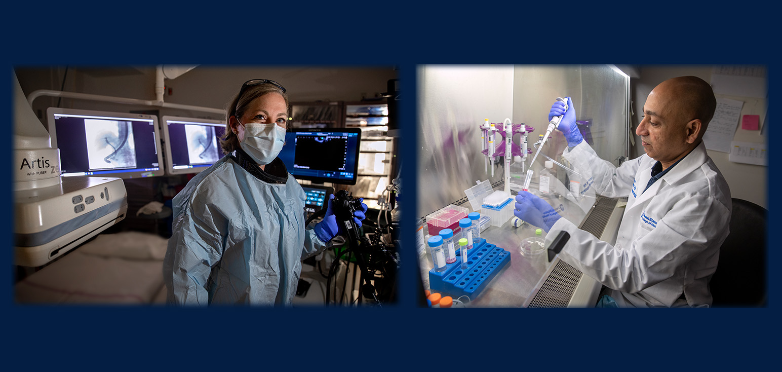 Two photos side by side show Dr. Jennifer Maranki in a surgical mask and robe while standing in a procedure room surrounded my medical equipment, and Dr. Prashant Nighot in a white coat while placing liquid into a tube in a research lab.