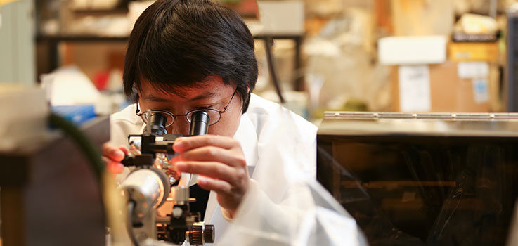 Yandong Zhou, Ph.D., assistant professor in the Department of Cellular & Molecular Physiology at Penn State College of Medicine, is pictured looking into a microscopy in a department laboratory in July 2016. Zhou is wearing a lab coat and glasses and is framed by other laboratory equipment.