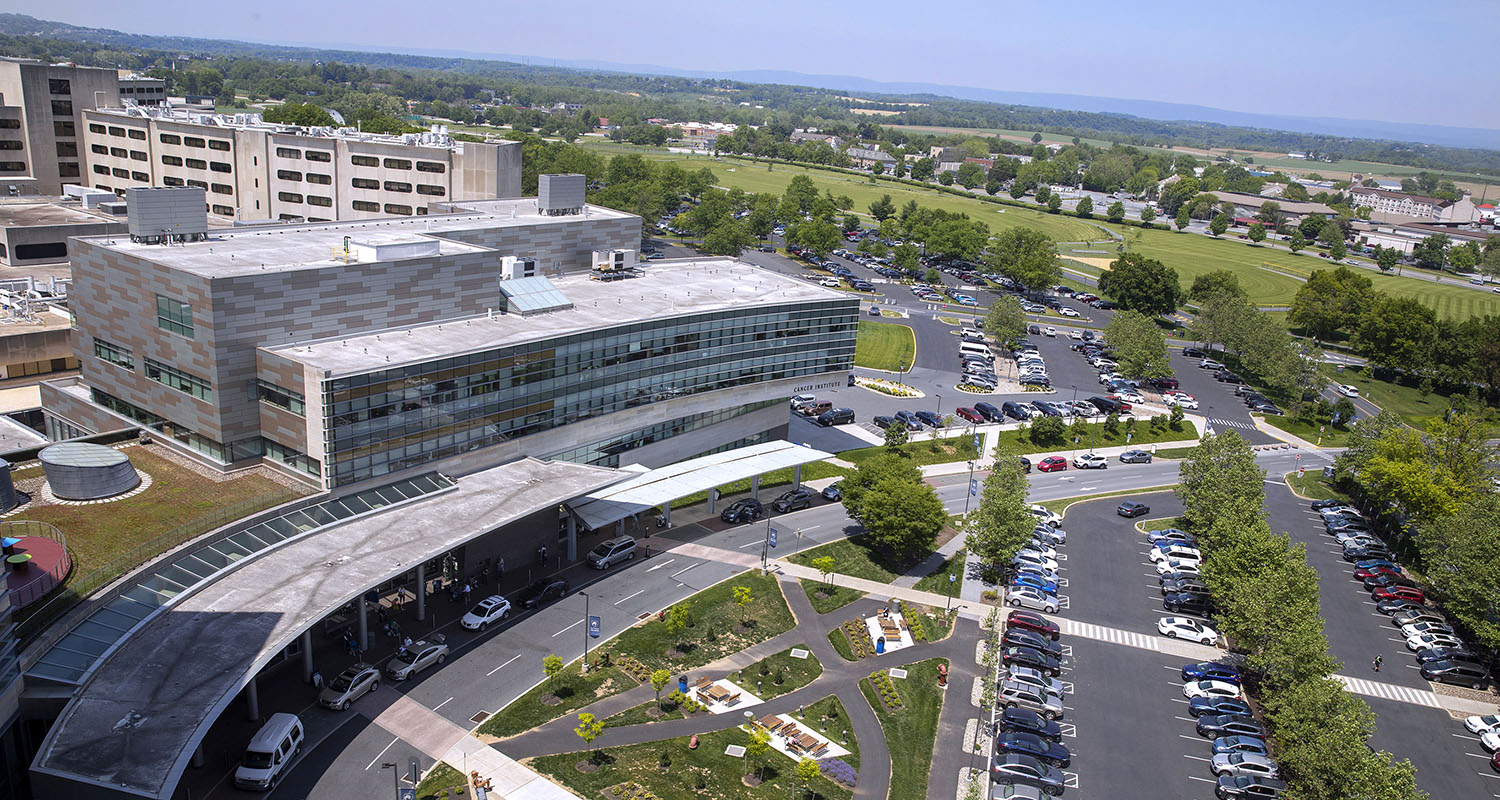 The exterior of the Penn State Cancer Institute in Hershey, Pa.