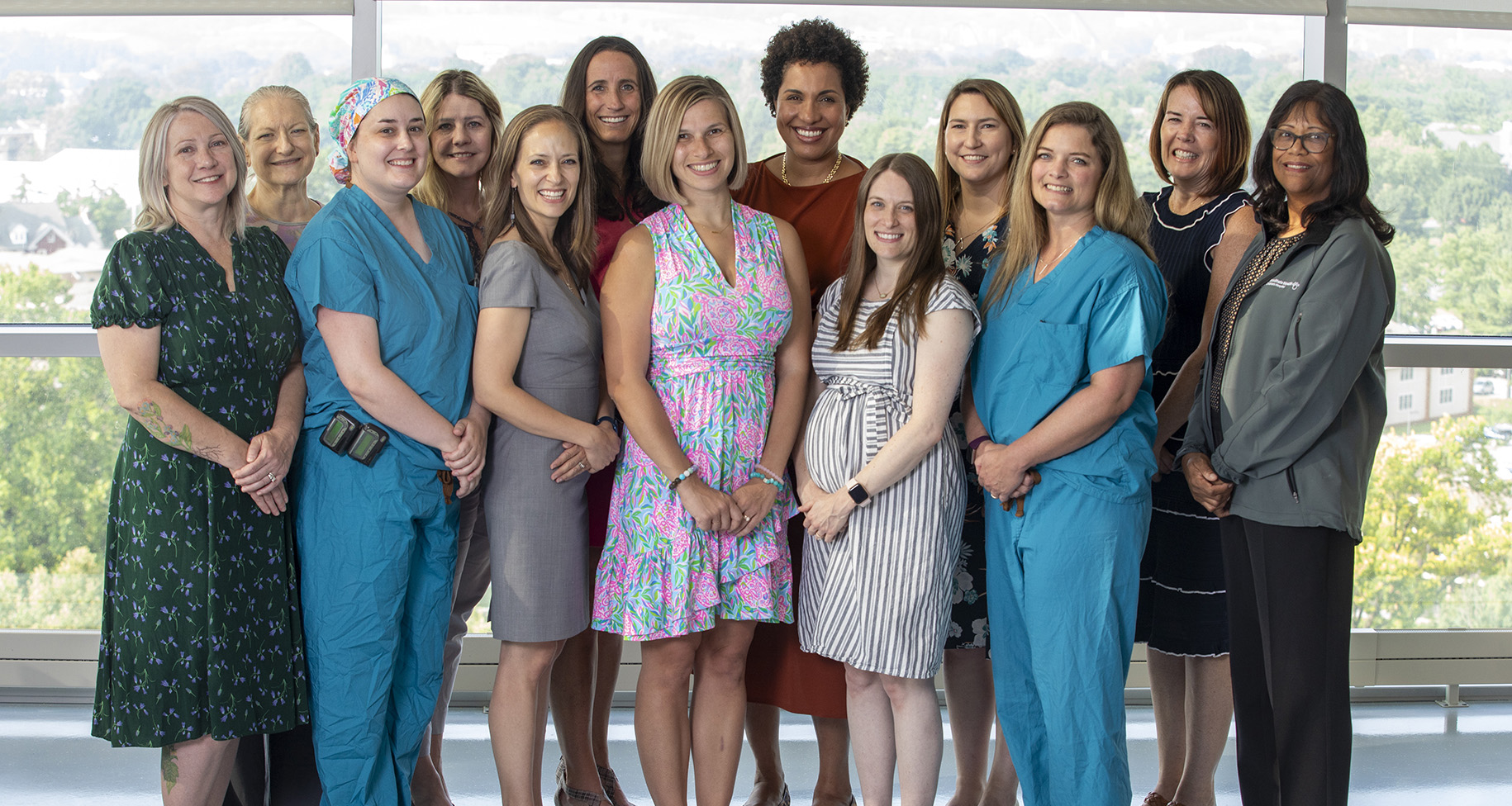Thirteen members of the Division of Academic Specialists in Obstetrics and Gynecology pose in front of an upper floor window of Penn State Health Children's Hospital.