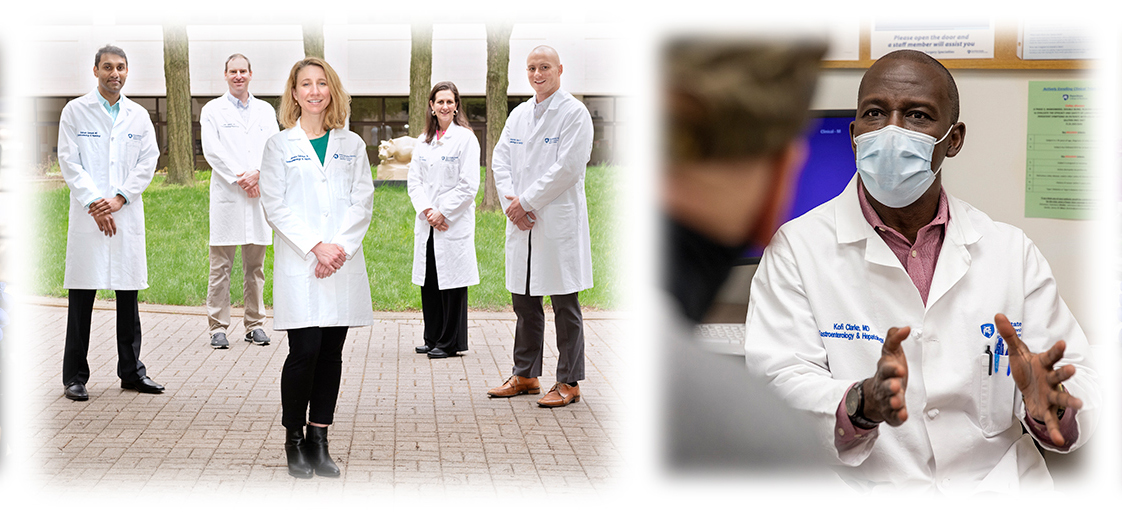 A series of photos shows Dr. Jennifer Maranki in a procedure room; Dr. Subhash Gorrepati, Dr. John Levenick, Dr. Jessica Dahmus, Dr. Karen Krok and Dr. Benjamin Stern, all wearing white coats, in a group photo; Dr. Kofi Clarke speaking with a patient; and Dr. Prashant Nighot placing liquid into a tube in a research lab.