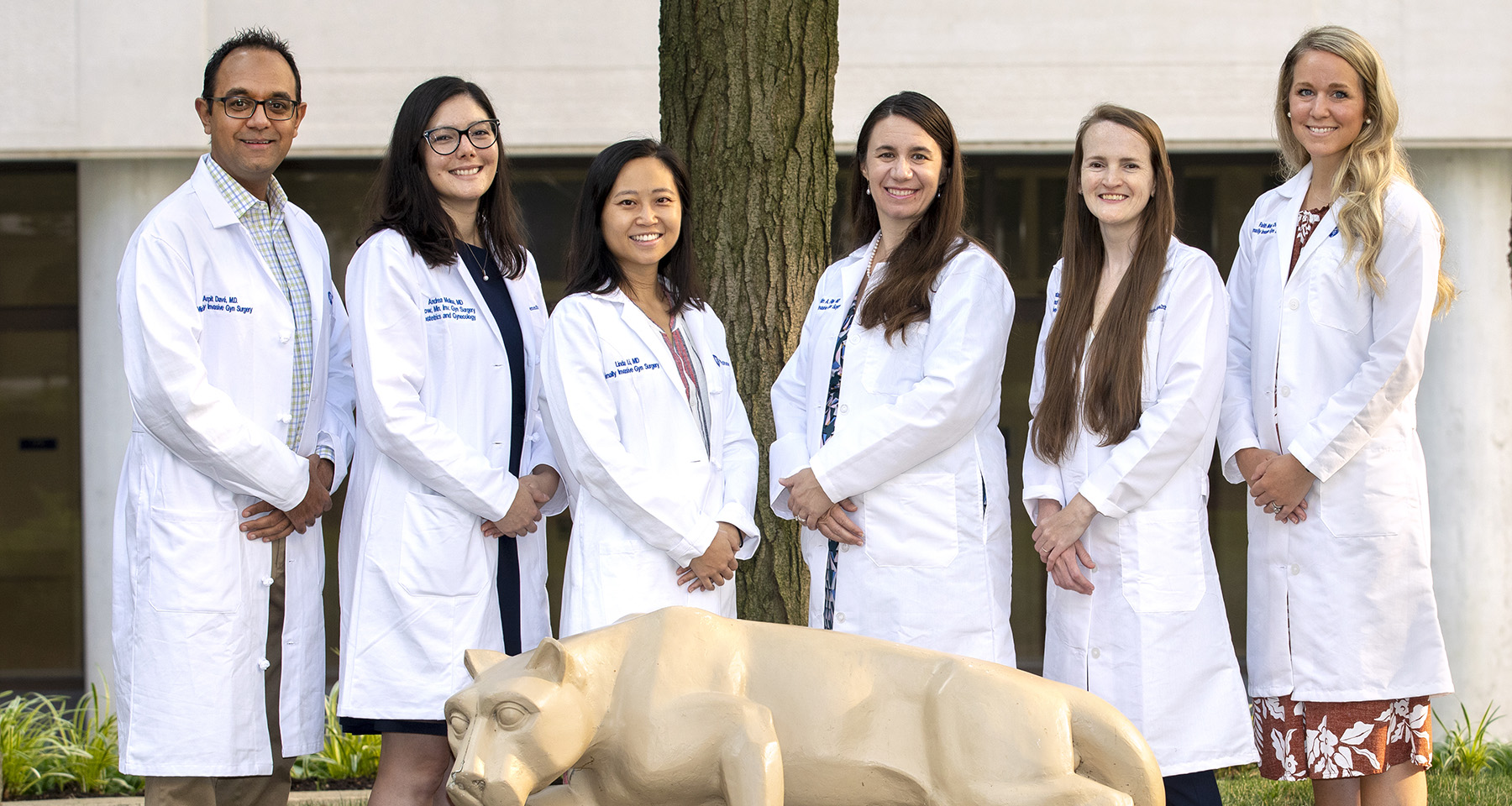 Six faculty members from the Division of Minimally Invasive Gynecological Surgery stand for a photo in a courtyard.