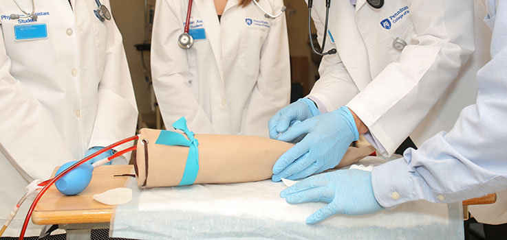 Penn State College of Medicine students work with a simulation arm to learn how to draw blood in a session in the Clinical Simulation Center in July 2016. The simulation arm is pictured in the center of the photo with tubes of red-dyed liquid leading to it. The hands of four students are seen around the simulation arm.