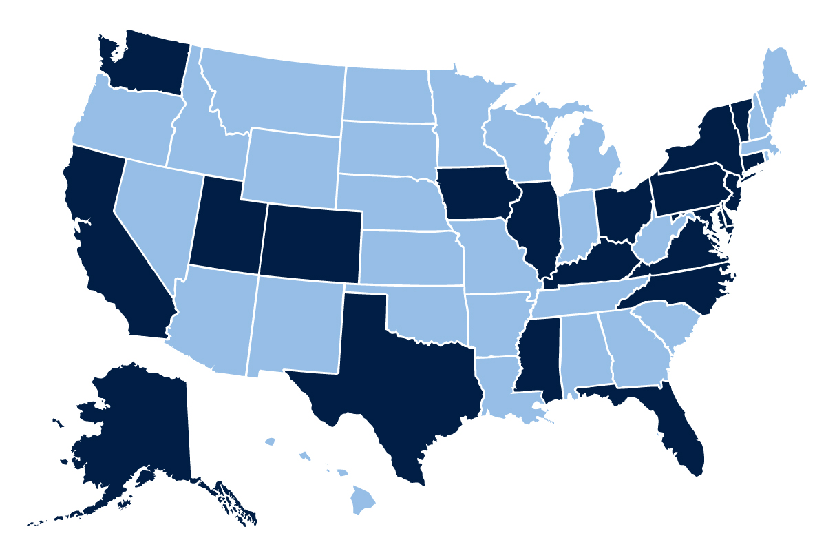 A map of the United States with the following states in a darker shade: AK, AL, CA, CO, CT, DE, FL, IA, IL, KY, MA, MD, NC, NJ, NY, OH, PA, TX, UT, VA, VT, WA