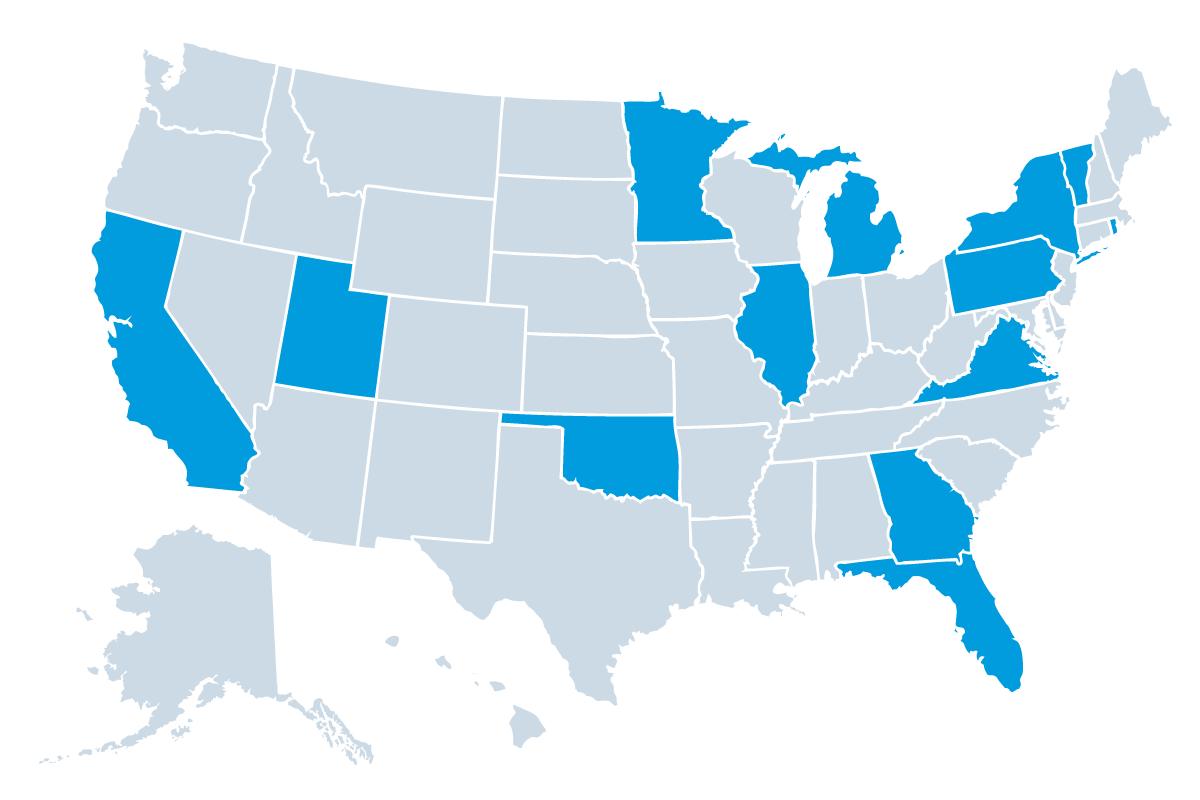 A U.S. map with states highlighted in a darker color: Pennsylvania, Massachusetts, Utah, Minnesota, Vermont, California, Michigan, Virginia, Florida, Illinois, New York, Oklahoma, Georgia