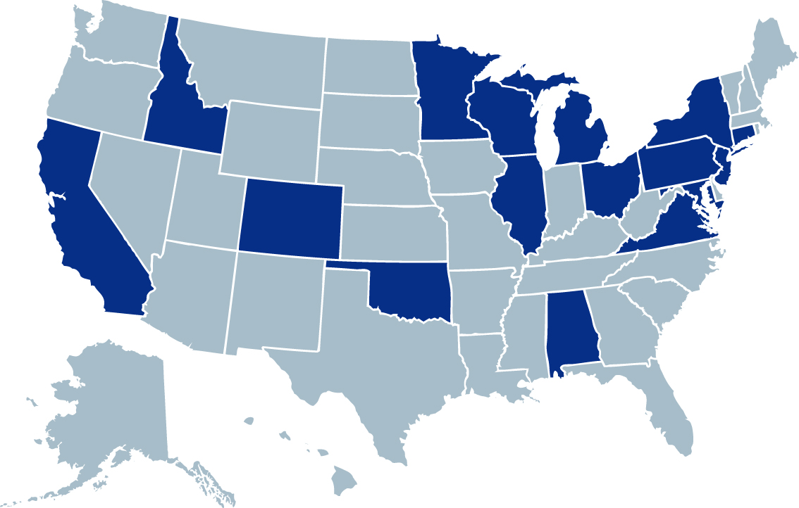 A map of the United States with students' home states colored in blue. The states in blue are: PA, AK, CA, FL, ID, IL, IN, MA, MD, MI, NC, NJ, TX, UT and WI
