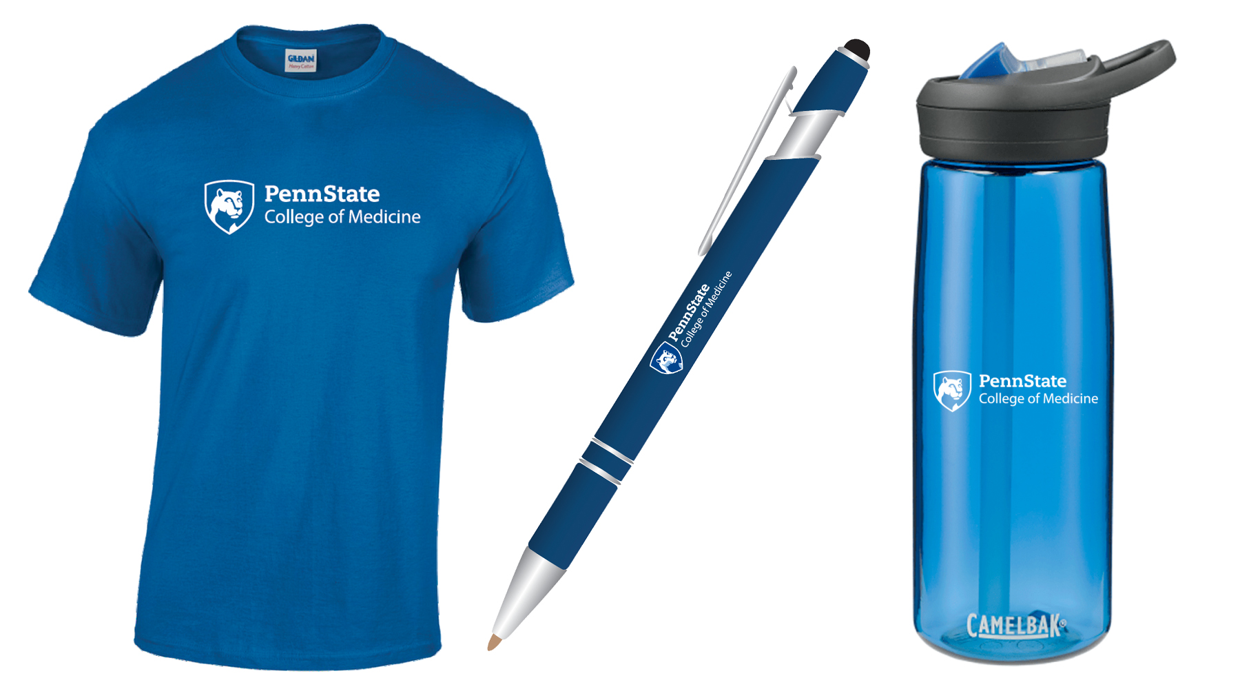  Alternate Text A shirt, pen and water bottle with Penn State College of Medicine logo on them 