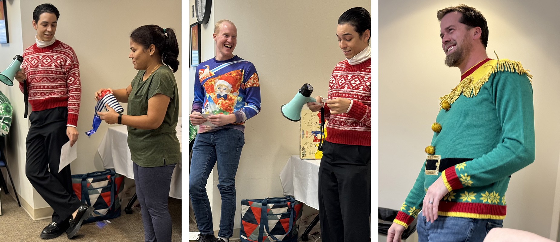 Composite of three images show a person unwrapping a gift with another looking on and holding a megaphone; a person holding a megaphone reading a paper and someone laughing to the side; a person in a holiday sweater smiling.