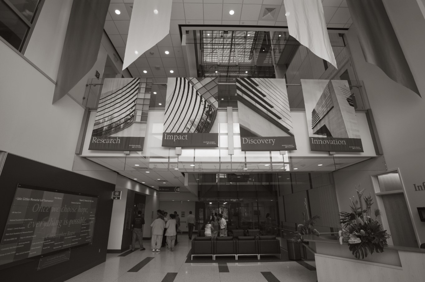 Entrance of Cancer Institute in black and white 