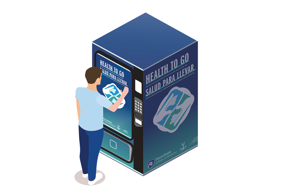 Illustration of a person using a vending machine branded Health To Go