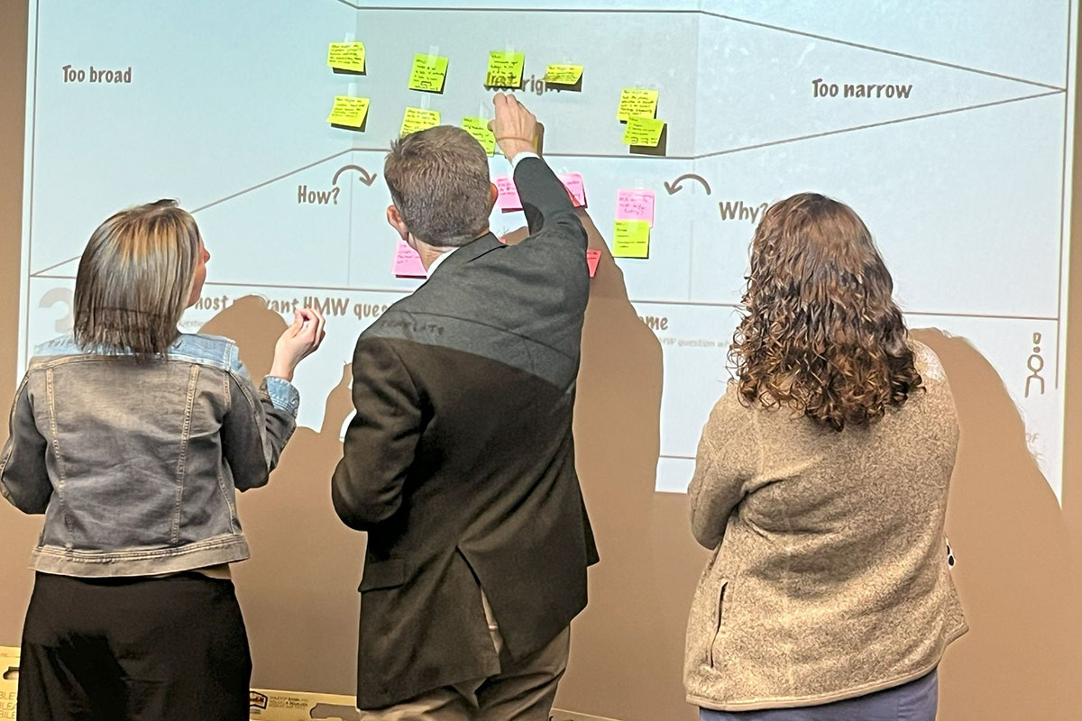 Three people look at a board with a projected image with lines and words such as Too broad and Too narrow, with post-it notes stuck in the middle. The middle person is reaching for a post-it note.